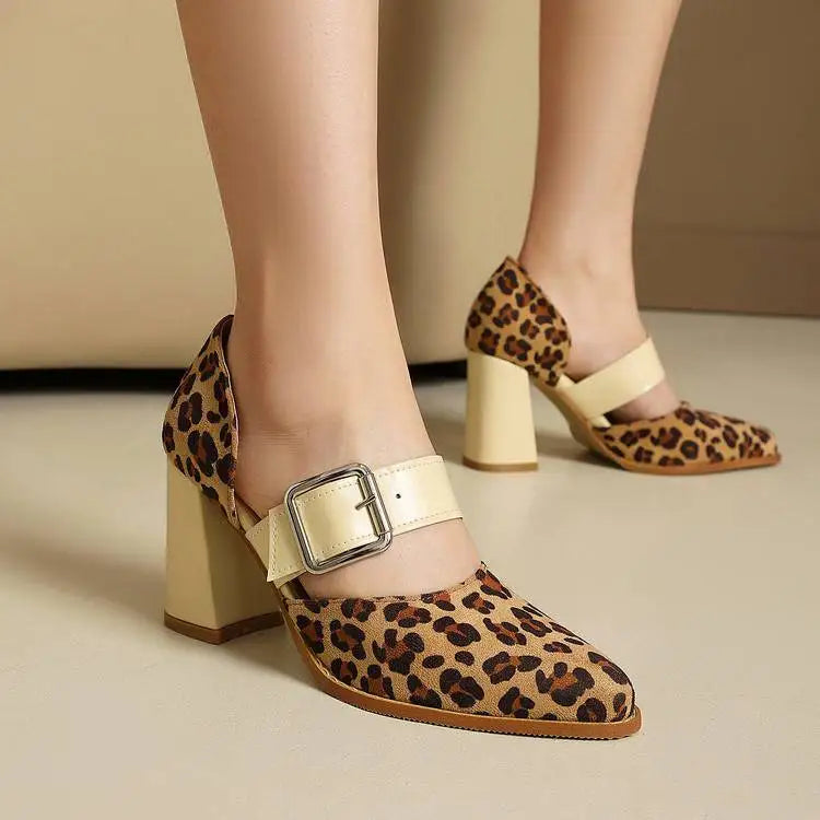 Spring  Autumn New Model Fashion High Heels Nude Shoes Color Blocking Pointed Tip Buckle Leopard Print Sexy Party Women's Shoes