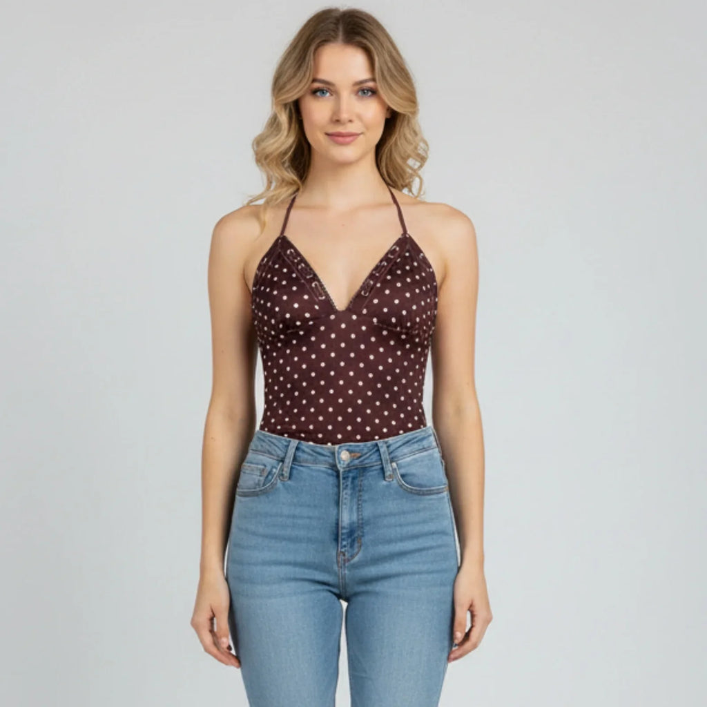 Women's Summer Halter Camis Tops Fashionable Dot Print Sleeveless Deep V Neck Open Back Vest for Party Nightclubs