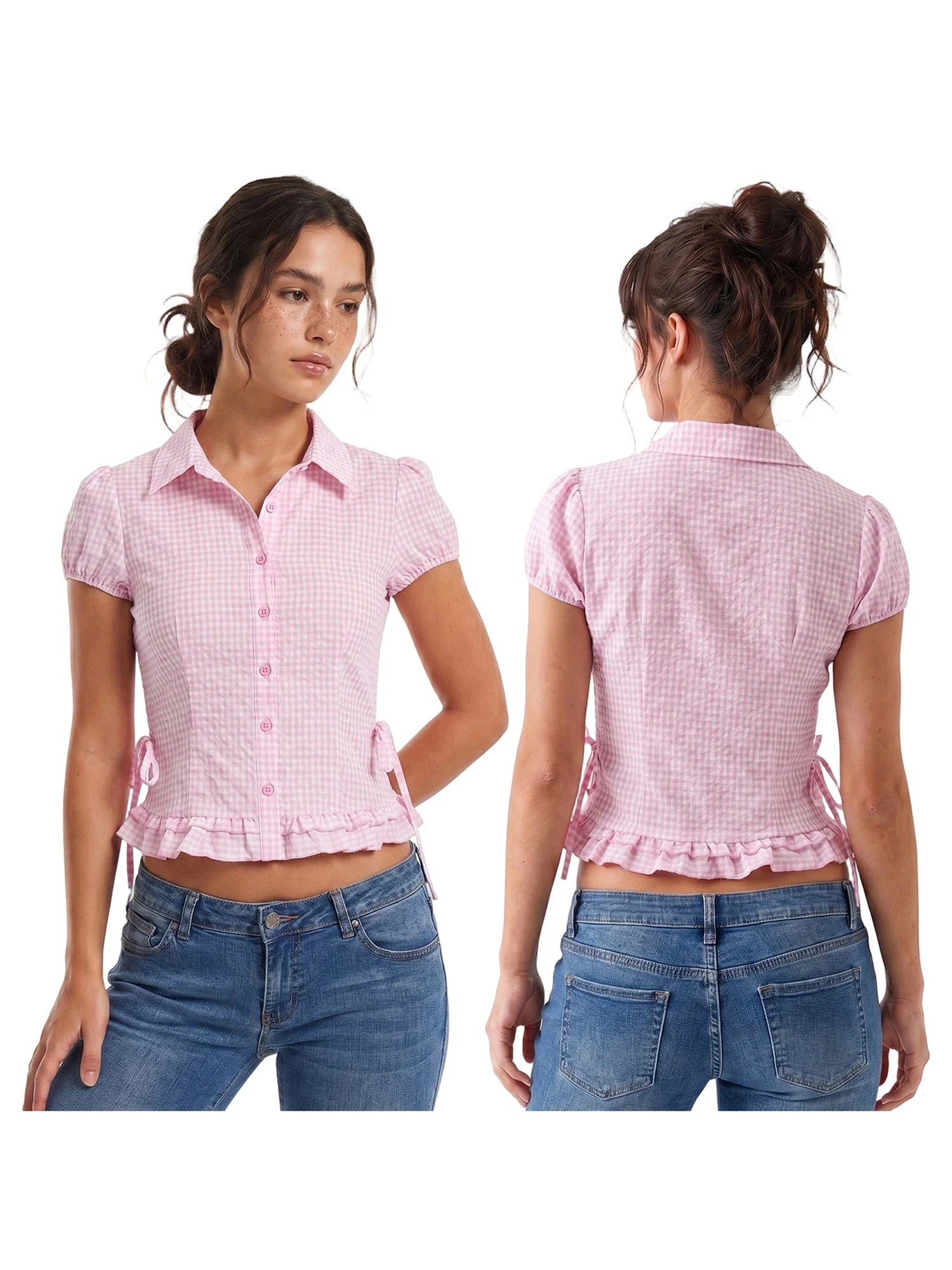 Women Plaid Shirts Button Down Puff Short Sleeve Lapel Neck Tops Fashion Slim Fit Ruffle Trim Blouses Summer