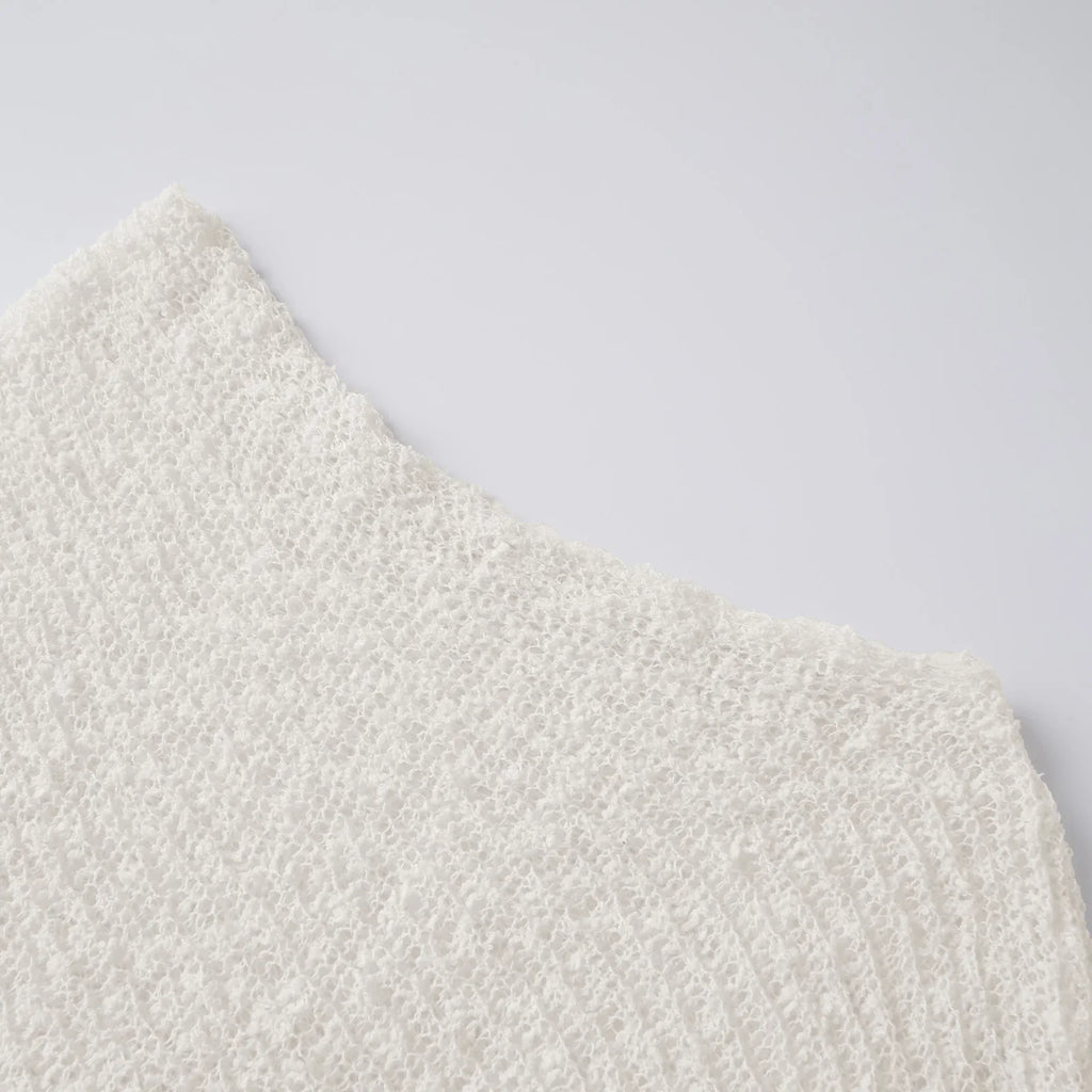 Women Loose See Through Boat Neck Off Shoulder Asymmetrical Crop Coverup Tops Spring Summer Holiday Beach Knitted Poncho