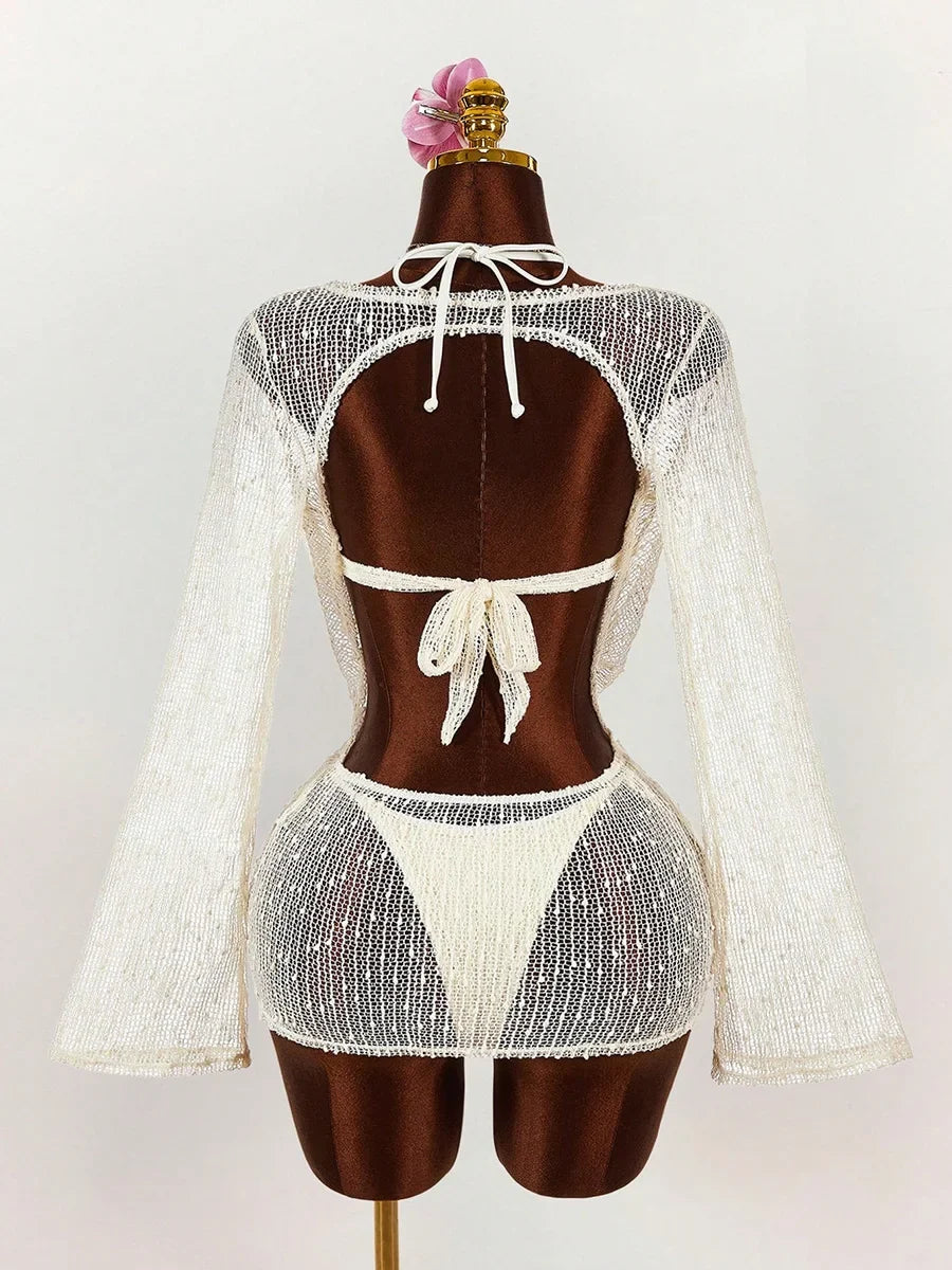 Long Sleeve Mesh Sheer Cover Up Halter Bikini Female Swimsuit Women Swimwear Three-piece Bikini Set Bathing Suit Swim Beachwear