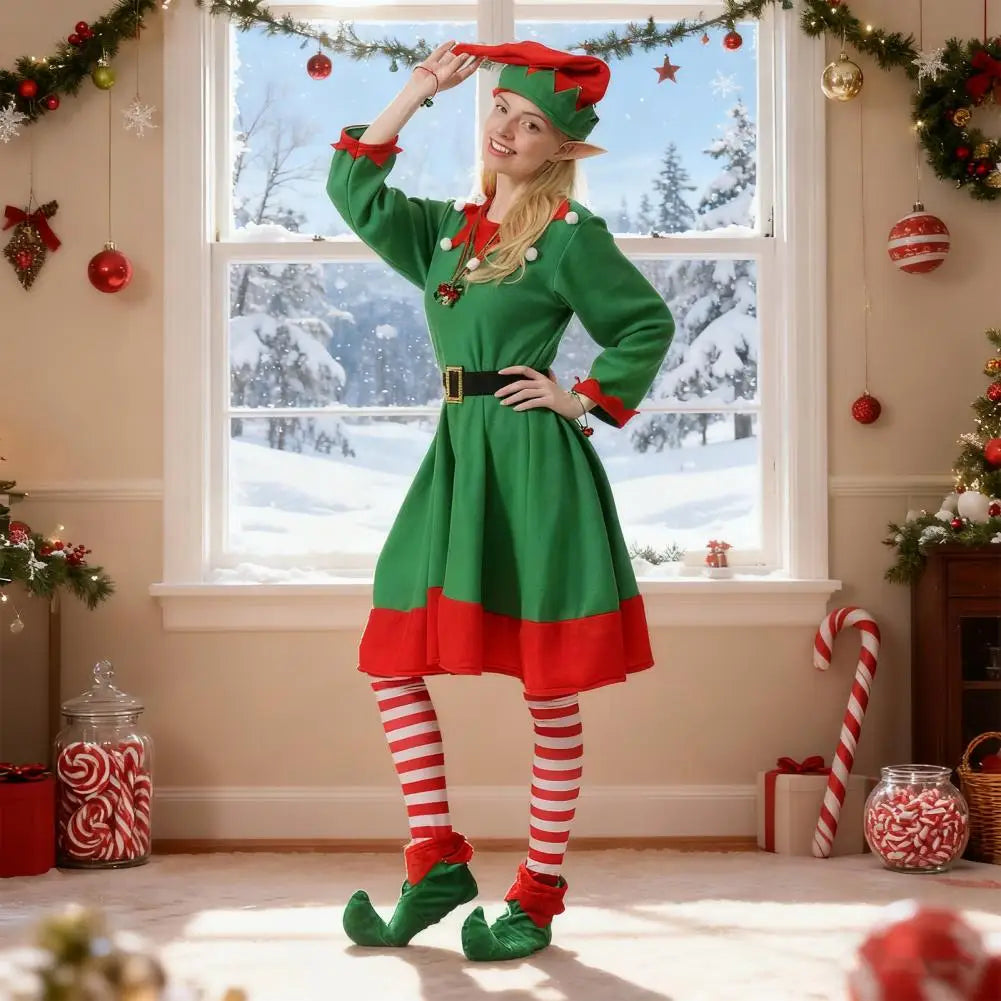 8 Pcs Women Christmas Elf Costume Set Green Xmas Dress Festive Outfit with Elf Ears Hat Shoes Belt Striped Socks