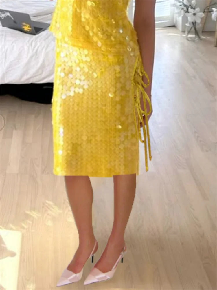 Women's Midi Skirt Sequins Side Bow Tie Design Low Rise Pencil Skirt for Daily Life Party Beach