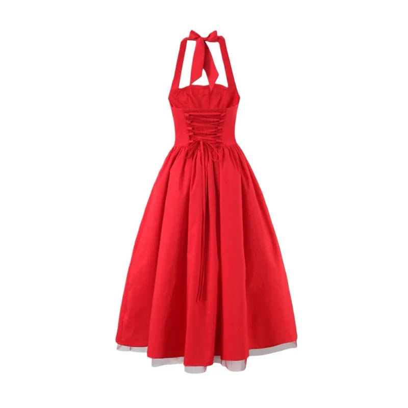 French Style Backless Cross-strap Halter Neck Dress For Women With Hard Mesh Panels Waist-cinching Pleated Large Hem Casual FYR0