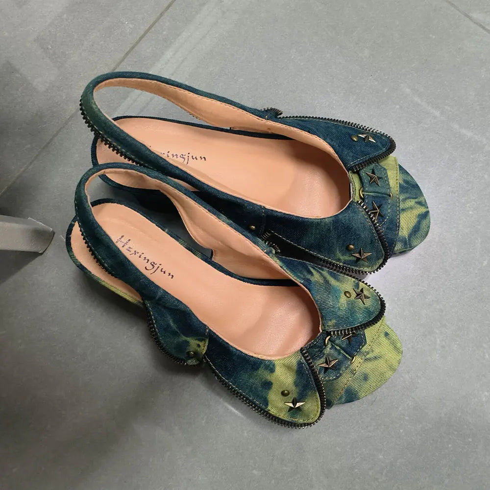 Brand New Women's Y2K Star Rivet Platform Sandals 2000's Peep Toe Slingback Chunky Heel Distressed Denim High Heeled Shoes