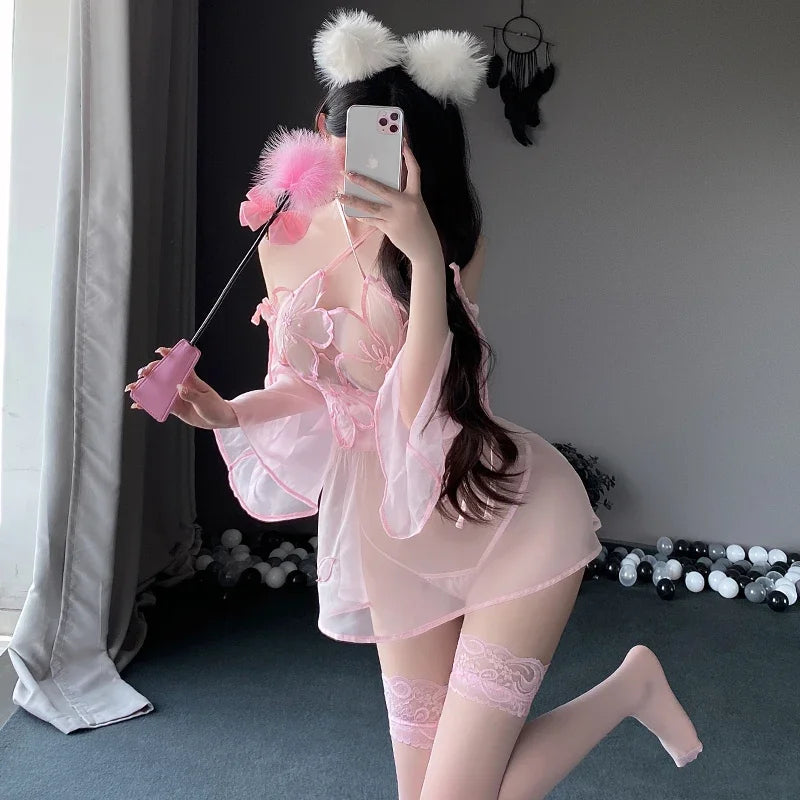 Chinese Ancient Style Cute Floral See Through Halter Dress Pink Kimono Backless Sexy Lingrie Women Outfit Costume