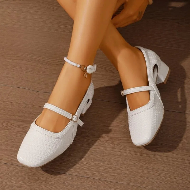 Extremely Comfortable French Shoes For Women Spring Summer Hollow Weave Square Toe Medium Chunky Heel Leather Beige Sandals