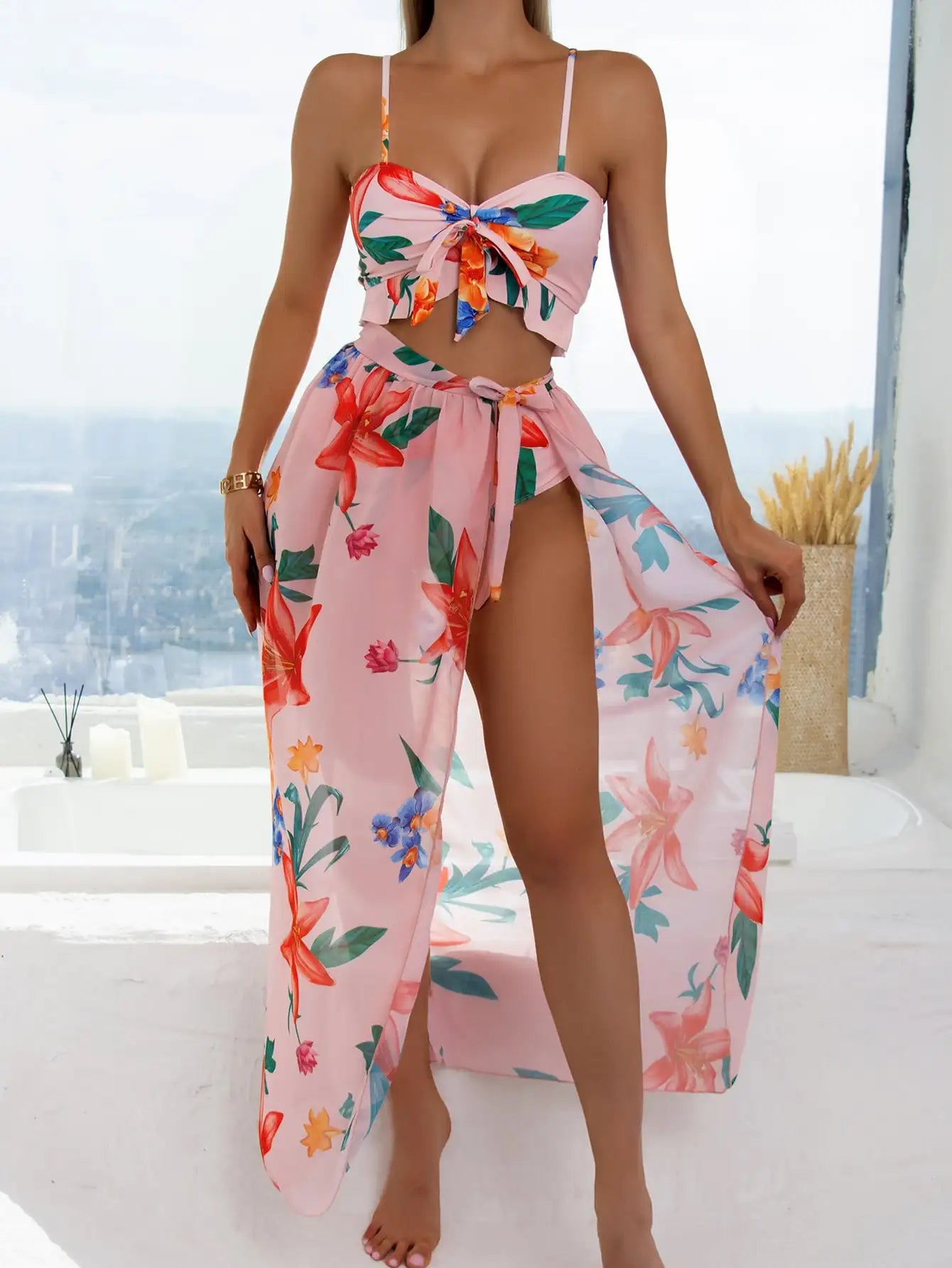 3 Pieces Floral Printed Push Up Bikinis 2026 Women Halter Swimwear Female Sexy Swimsuit & Beach Dress Bathing Swimming Swim Suit