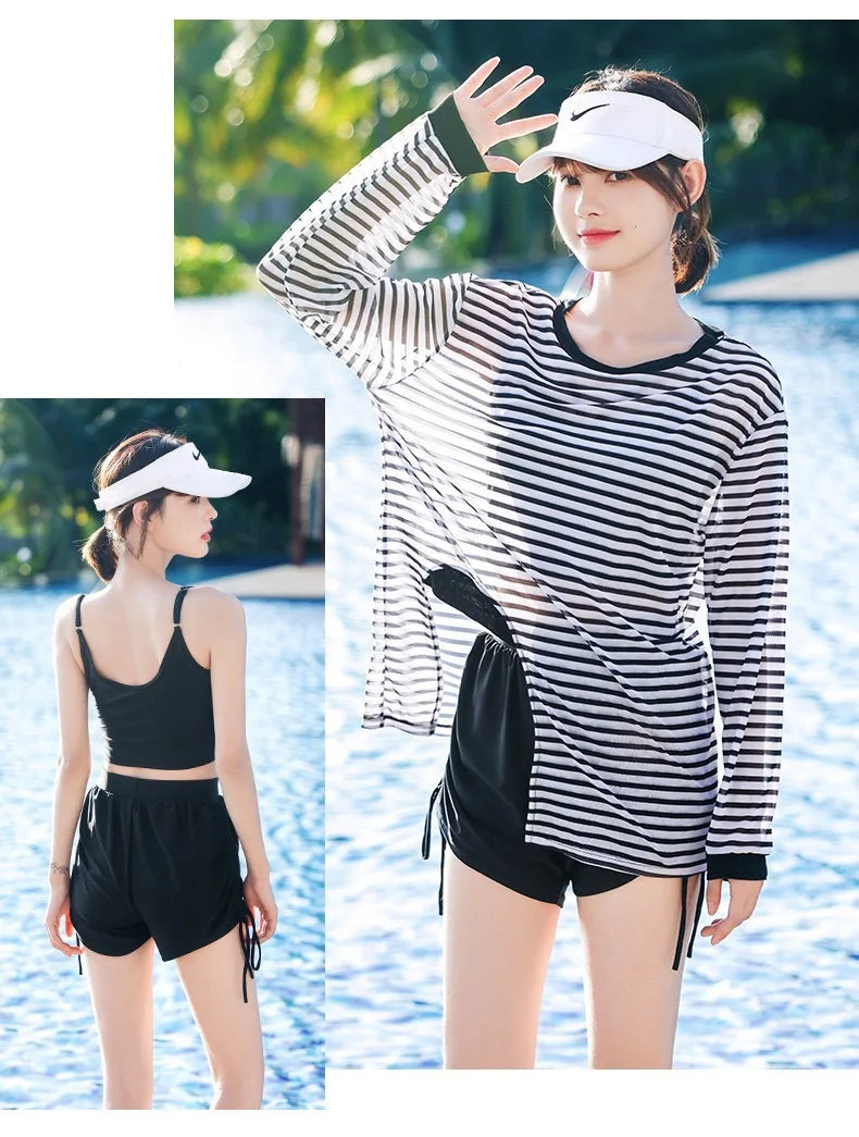 Swimsuit Plus Size Girl Conservative Split Fashion Sports Sunscreen Long Sleeved Slimming Hot Spring Three Piece Set
