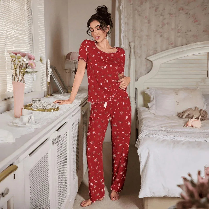 Women's Sleepwear New Loose Pajamas Floral Short-sleeved Trousers Loungewear Casual Wear Two-piece Set Pijamas Pyjamas Women