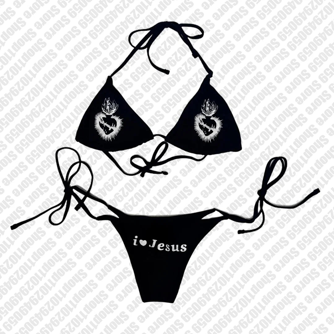 Y2k Style Letter Print Bikini Set Sexy Thong Swimsuit Two Pieces Bathing Suit Punk Gothic Fashion Women Swimwear 2000s Emo Girls