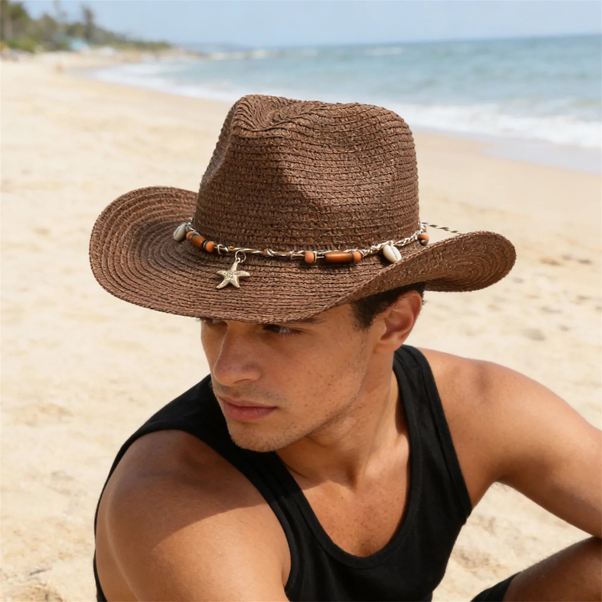 Women Men Straw Cowgirl Hat Starfish Shell Decor Western Panama Jazz Hat Summer Sun Hat for Travel Beach