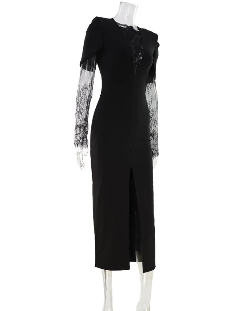 Ahagaga Eelgant Lace Women's Dress Patchwork Long Sleeves Autumn Party Slim Fit Sheath Velvet Sexy Split Trend Female Vestidos