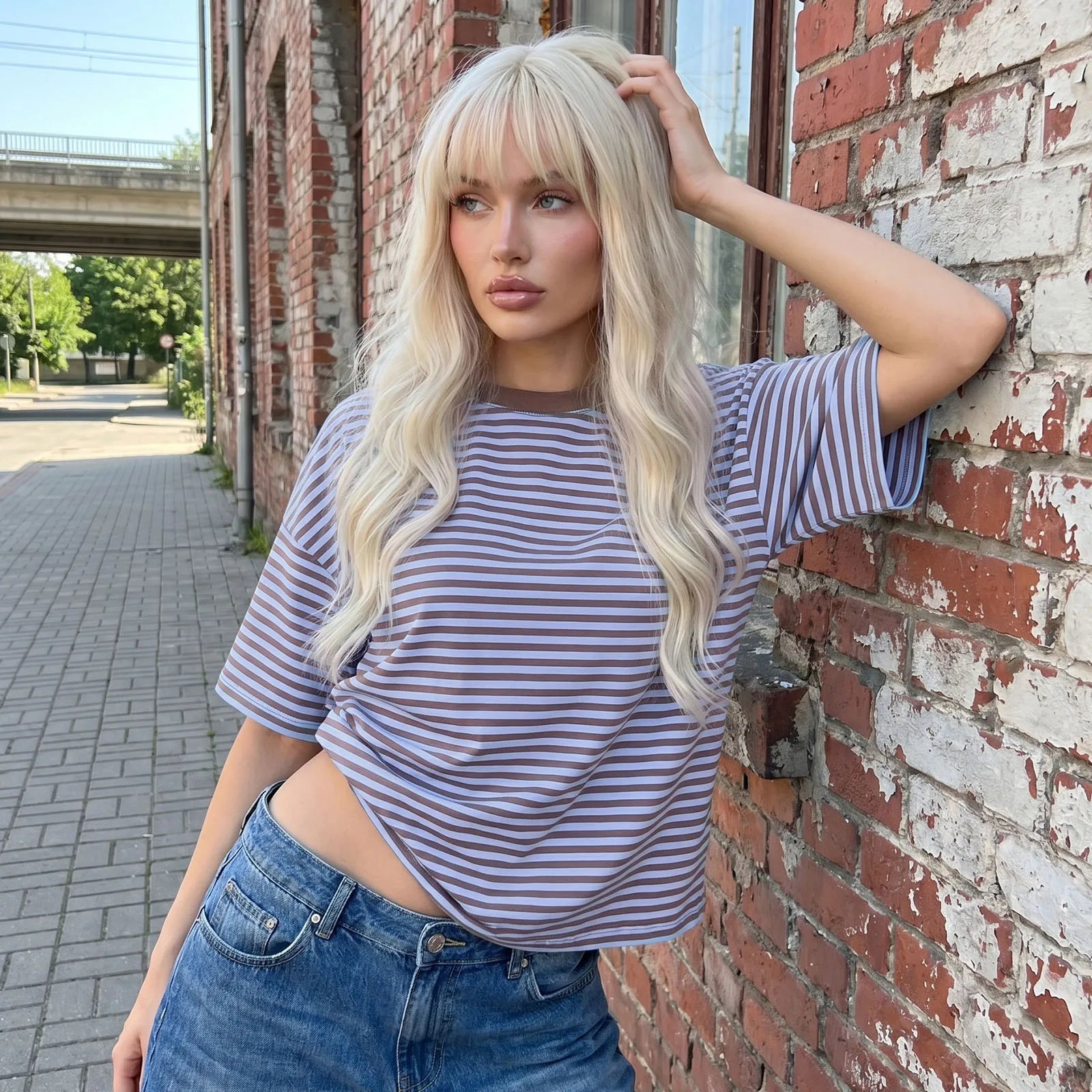 Summer Women's Loose T-shirt Casual Stylish Striped Crew Neck Short Sleeve Drop Shoulder Tee Tops