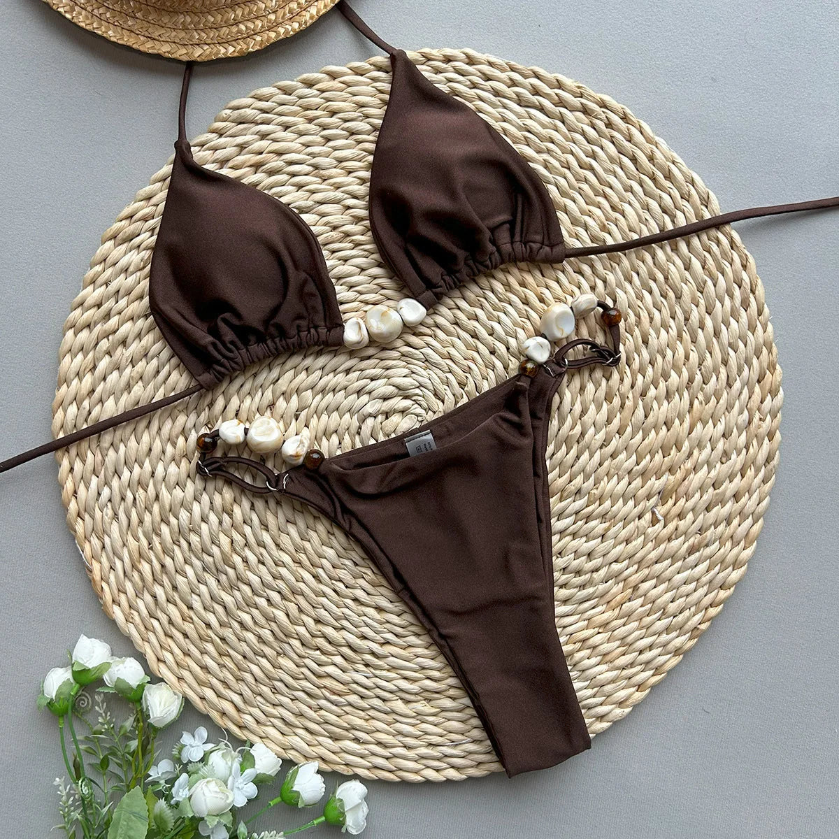 Shiny Halter High Cut Beads Bikini Women Swimwear Female Swimsuit Two-pieces Bikini Set Bather Bathing Suit Swim Lady Beach Wear