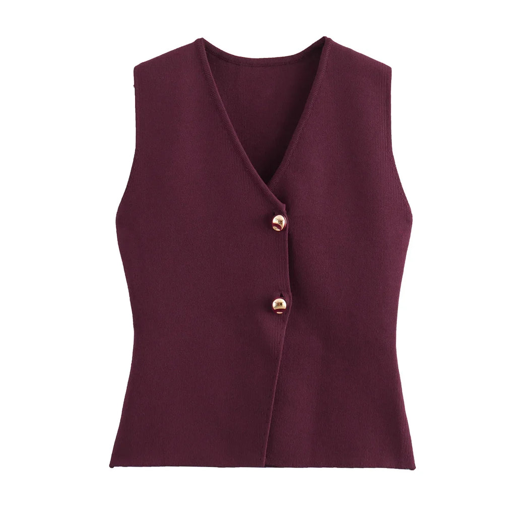 Foridol Gold Button Knitted Tank Top Women Autumn Winter Burgundy Short Vest Sleeveless V Neck Chic New Fashion Tops