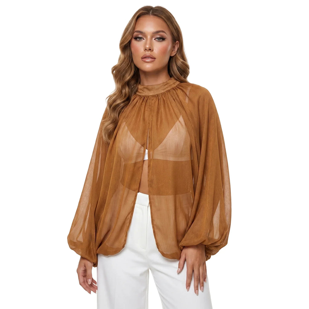 Women's Spring Summer Solid Color Sheer Blouse Glitter Long Sleeve Mock Neck Open Front Tops Streetwear