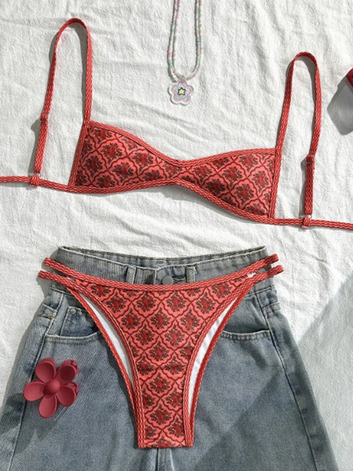 S - XL Flowers Printed High Leg Cut Bikini Female Swimsuit Women Swimwear Two-pieces Bikini set Bather Bathing Suit Swim V6965
