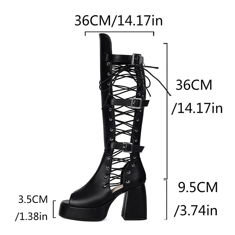 Plus Size Women Black Patent Matte Leather Lace Up Knee High Boots Peep Toe Platform Block Heel Back Zip Gothic Y2K Party Heels