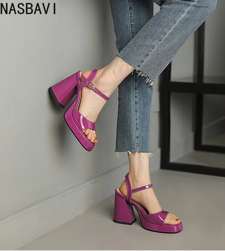 NASBAVI Women Patent Leather Sandals Super Chunky High Heeled Ankle Buckle Shoes Platform Summer Thick Heel Sandal Ladies 35-43