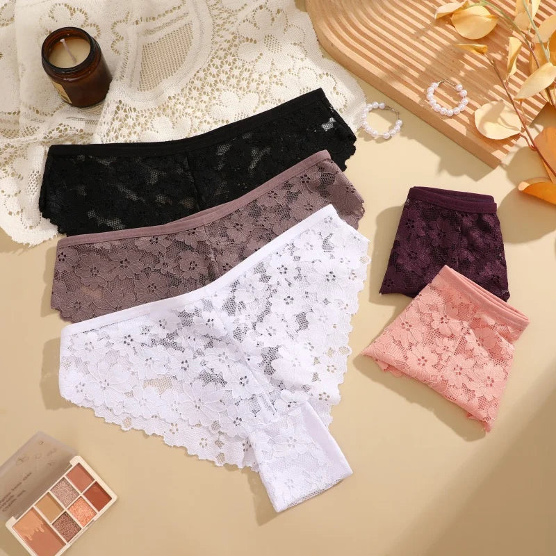3Pcs Lace Sexy Transparent Panty Women's Panties Sexy Breathable Pink-Brown Series Underwear Female Low Waist Soild Lingerie