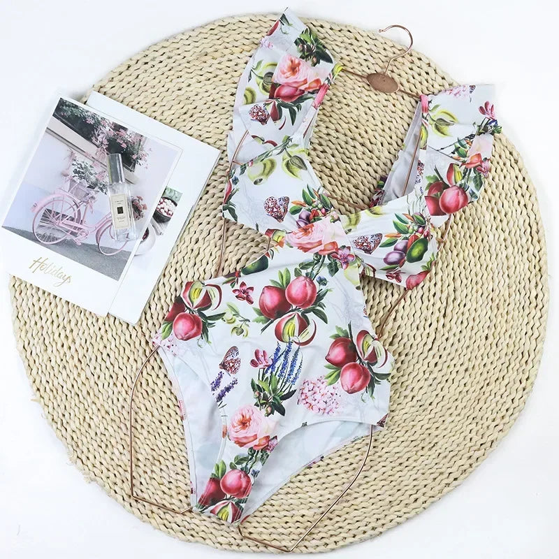 New Sexy One Piece Swimsuit Swimwear Women Flowers Fruits Print V-neck Big Ruffle Backless Bowknot Hollow Beachwear Bathing Suit