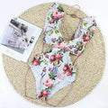 New Sexy One Piece Swimsuit Swimwear Women Flowers Fruits Print V-neck Big Ruffle Backless Bowknot Hollow Beachwear Bathing Suit