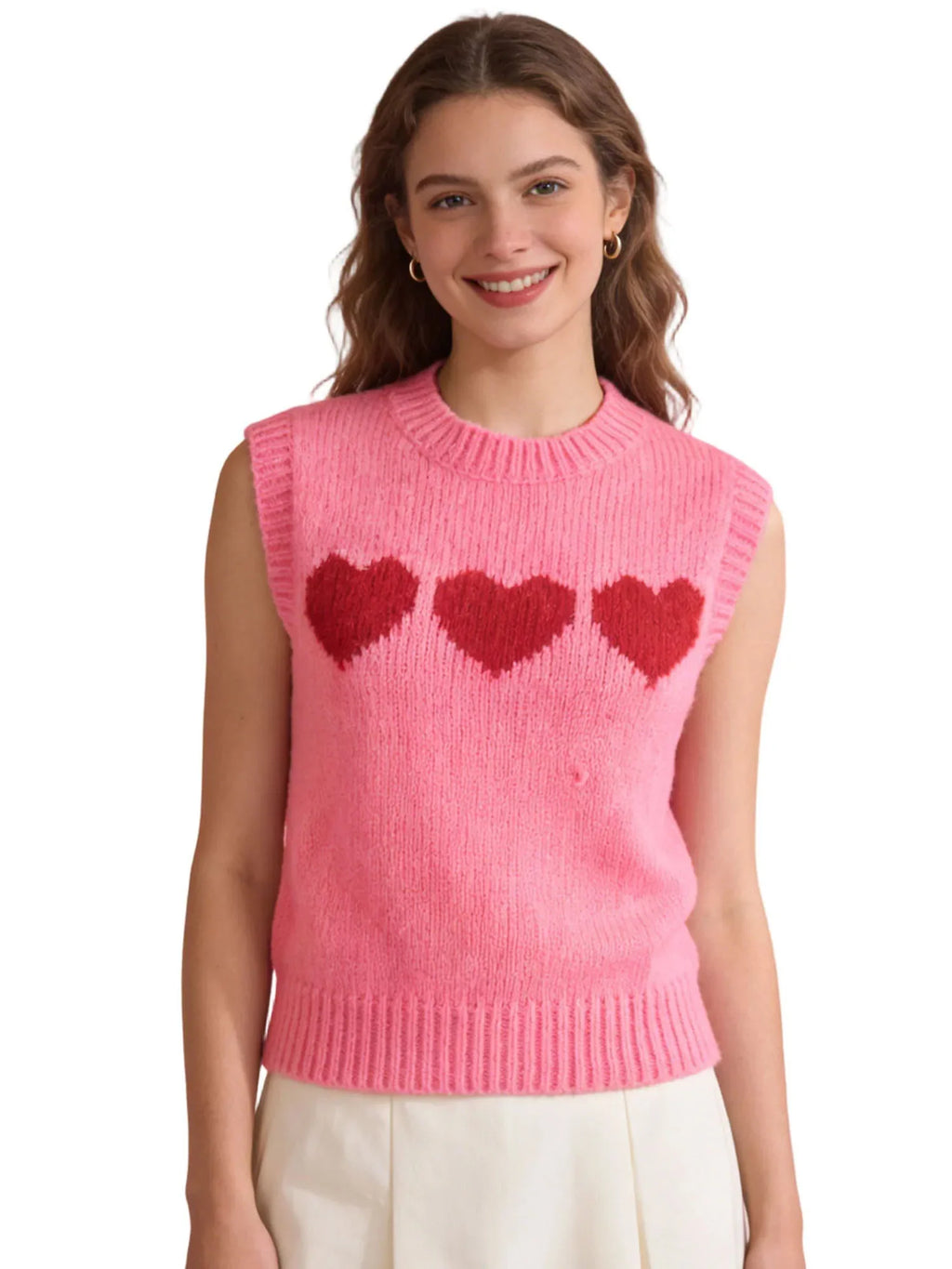 Women 2026 Sleeveless Crew Neck Pullover Fashion Daily Wear Top Cute Heart Print Pink Knitted Vest