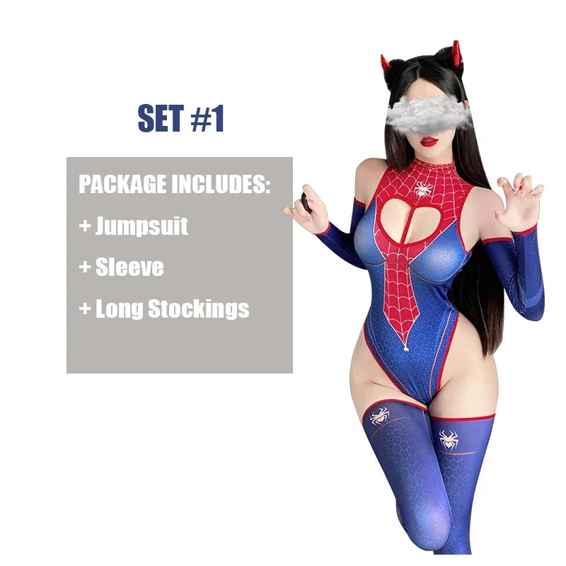 Strapless Open Crotch Jumpsuit Spider Women Print Leotard Love Heart Hollow Design Sexy Lingerie Bodysuit Cosplay Costume