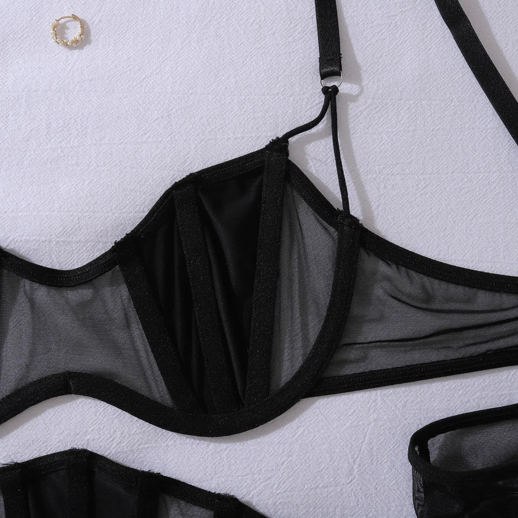Toucheart Erotic Lingerie black Thin model see-through mesh Patchwork Body shaping gather together pure desire 5PCS with Gloves