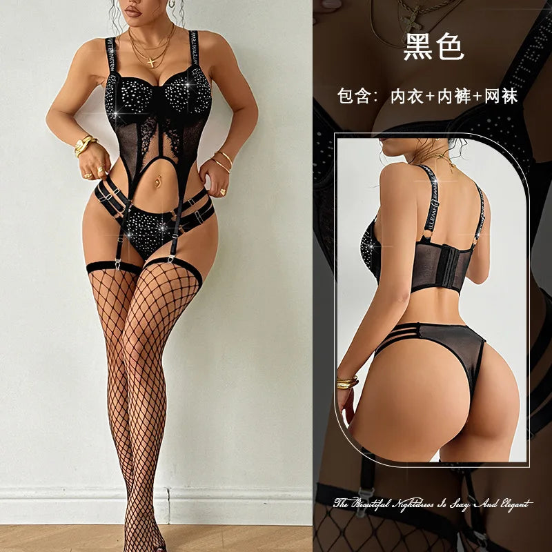 Sexy Shinestone Underwire Padded Bodysuits With Garter Belt Fishnet Transparent Backless Deep V Sleeveless Bodysuits Charm 0ZYL