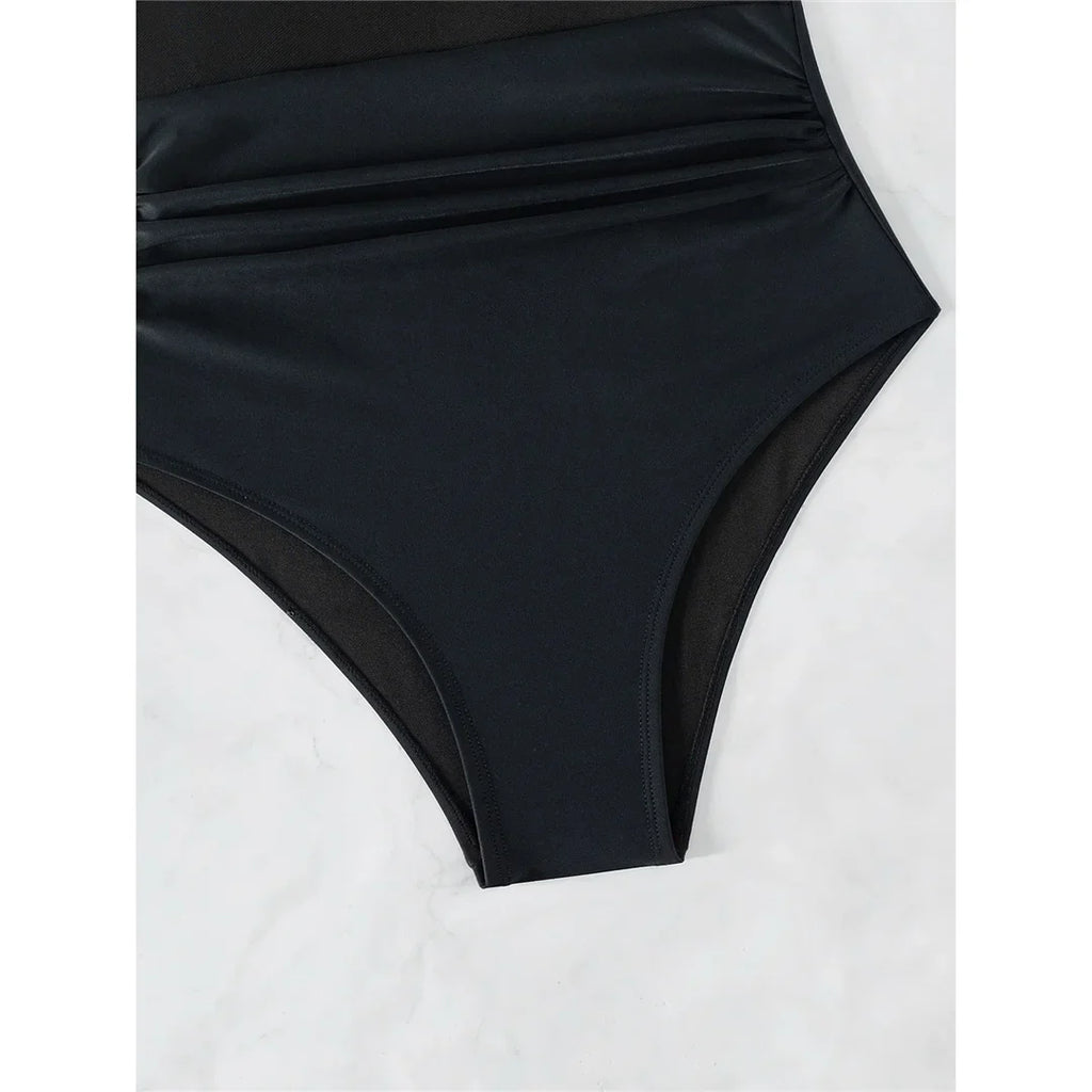 S - XL New Sexy Mesh Sheer V Neck Women Swimwear One Piece Swimsuit Female High Leg Cut Monokini Bather Bathing Suit Swim V5136