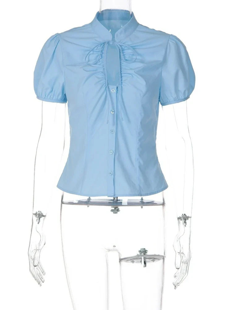 FDYOUI Fashion Stand Collar Lace-up Hollow Out T-shirts Women Chic Short Sleeve Single Breasted Crop Top Folds Solid Tee Shirt