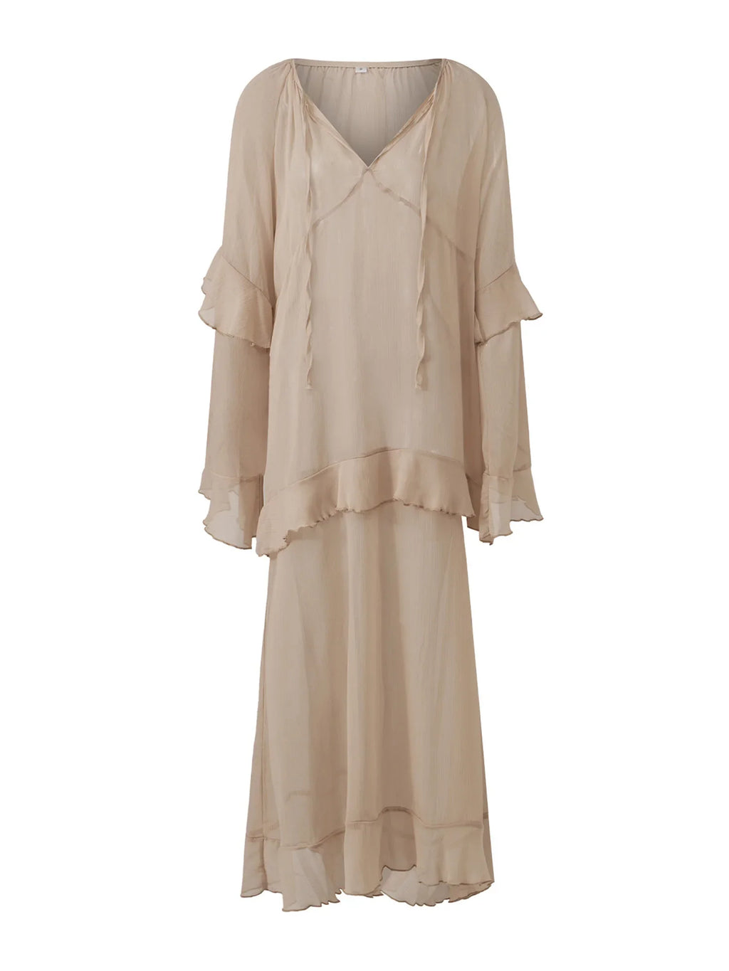 Women's Sheer Chiffon Long Dress Stylish Ruffle Trim V Neck Long Sleeve Loose Fit Dress See Through Cover-ups Streetwear