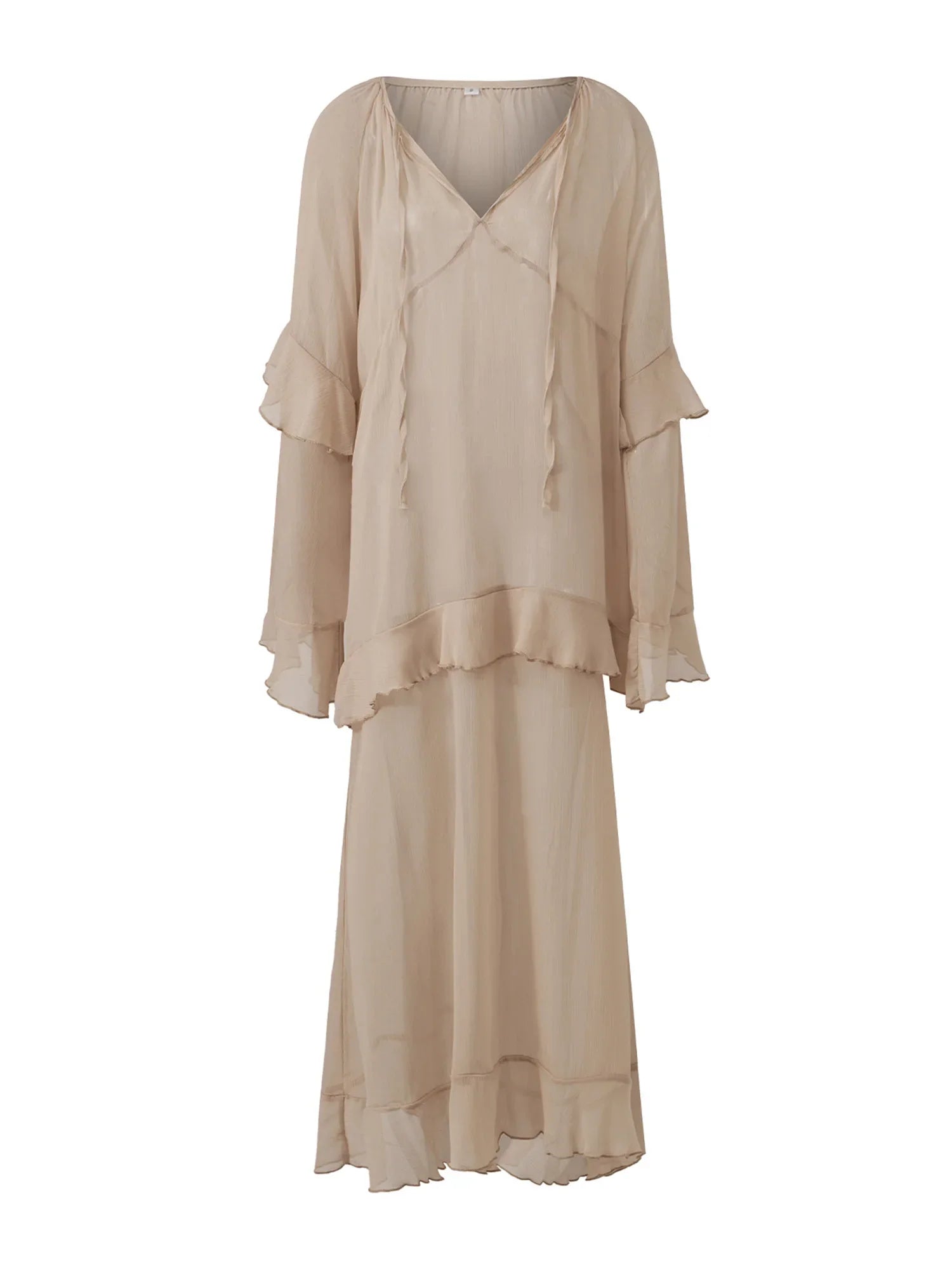 Women's Sheer Chiffon Long Dress Stylish Ruffle Trim V Neck Long Sleeve Loose Fit Dress See Through Cover-ups Streetwear