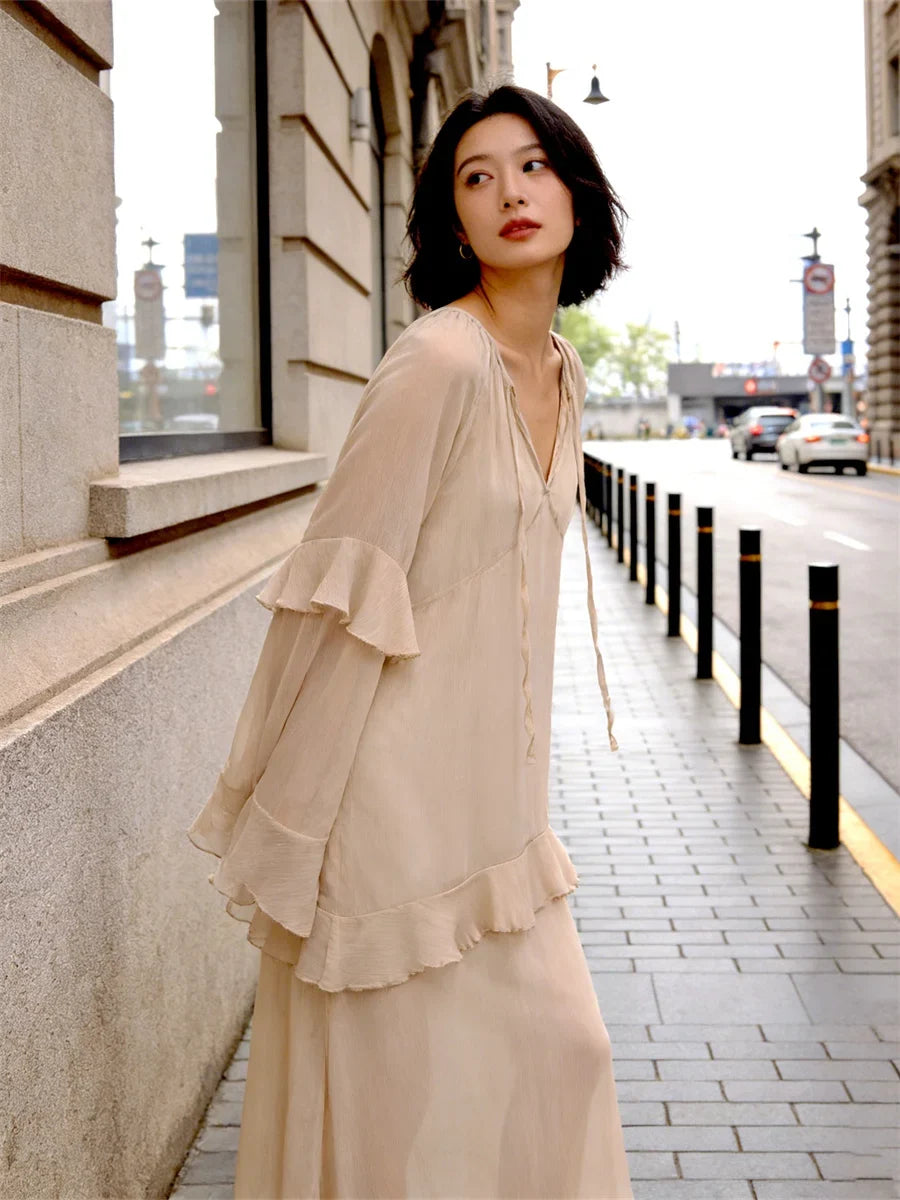 Women's Sheer Chiffon Long Dress Stylish Ruffle Trim V Neck Long Sleeve Loose Fit Dress See Through Cover-ups Streetwear