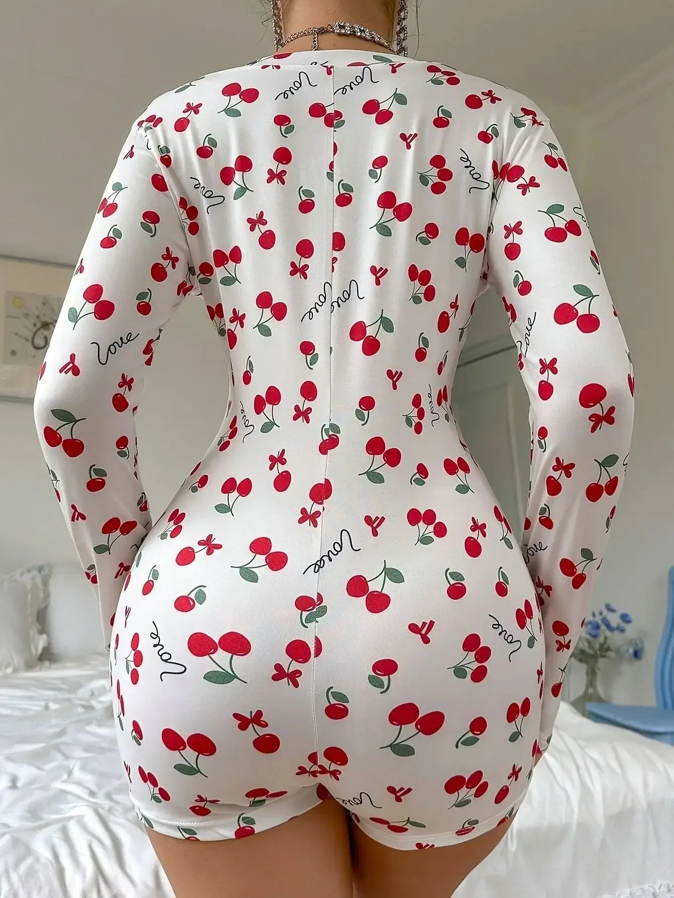 Summer Onesies Women's Sexy Pajamas Bodysuit Casual Cherry Print V-neck Front Button Long Sleeve Slim Fit Jumpsuit Sleepwear