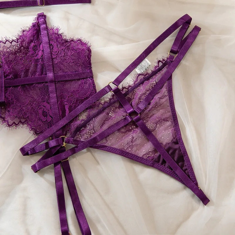 Toucheart Sexy Lingerie Suit for Women Lace Patchwork Halter Bra Set Solid Color Sexy Mesh See-through Garters Underwear Set New