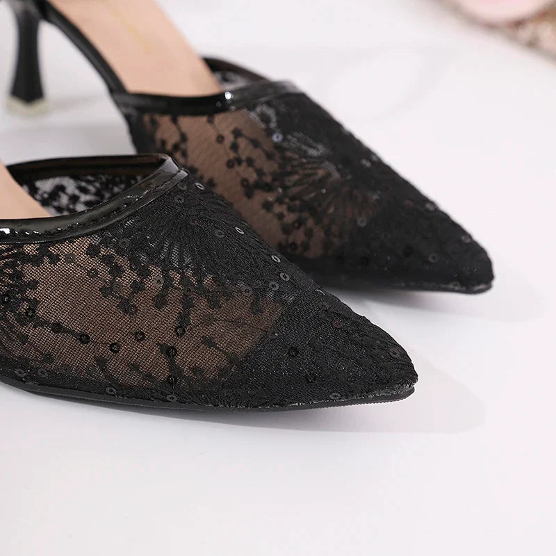Sexy Black Mesh Pointed Toe Pumps Women Plus Size 43 Ankle Buckle High Heel Party Shoes Woman Embroidered Sequins Pumps Ladies