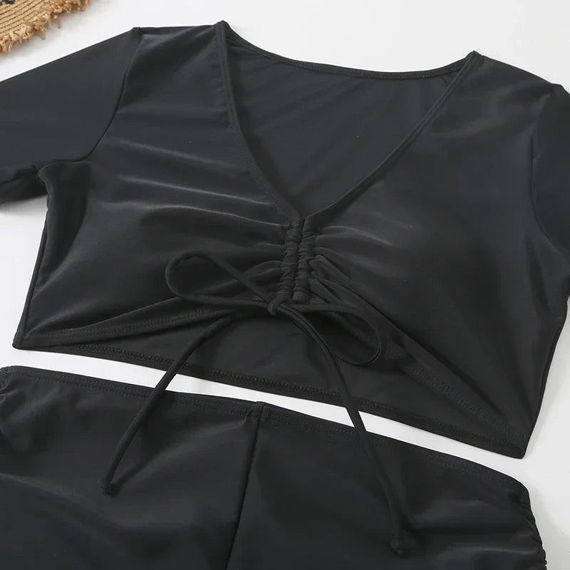 Black Drawstring Swimwear Bikinis Sets Mujer 2026 Crop Top Shorts Bottom Swimsuit Women Sexy Bathing Suit Beachwear Bikini Swim