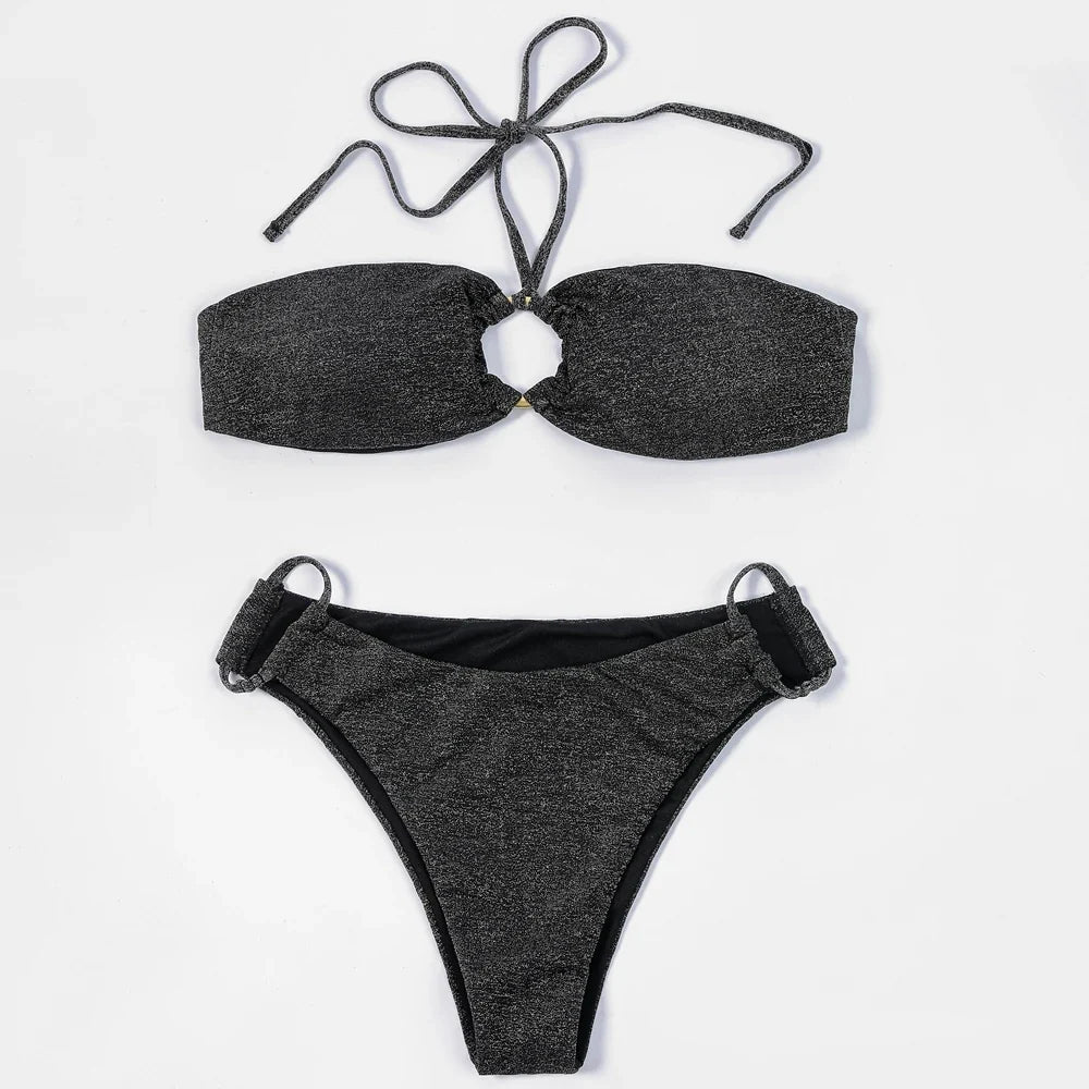ZTVitality Shiny Black Women Swimsuit Sexy Bikini 2022 New Arrival Halter Padded Bandage Ring Beach Swimwear Brazilian Biquini