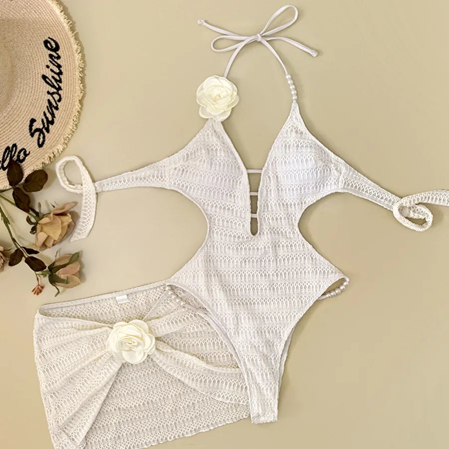 Sexy White Pink 3D Flower One Piece Swimsuit Skirts Sets Women Hollow Out Backless Thong Bikini Beach Bathing Suit Swimwear 2026