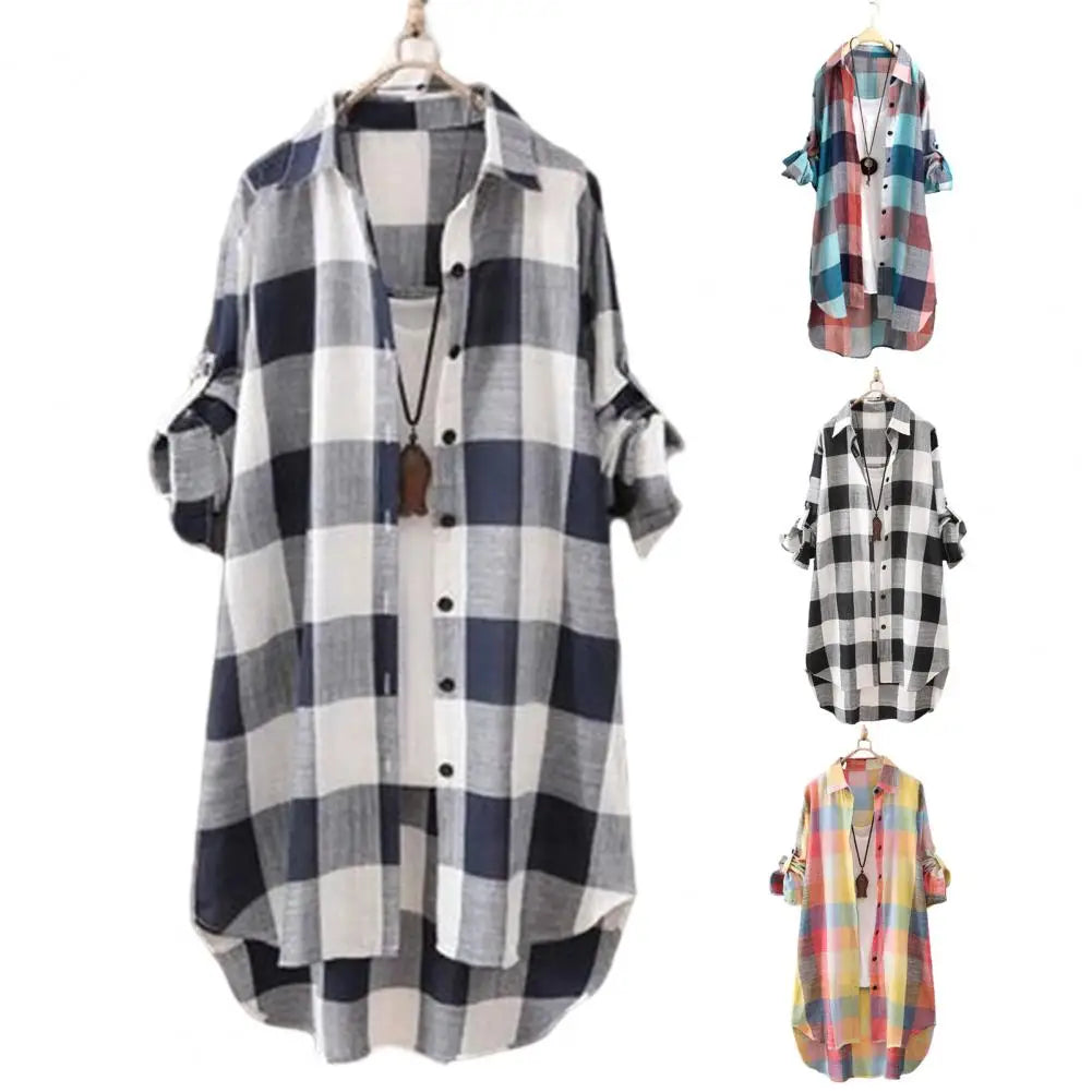 Long Sleeve Lapel Oversized Shirts Women Shirt Plaid Print Irregular Hem Single-breasted Soft Breathable Lady Long Top