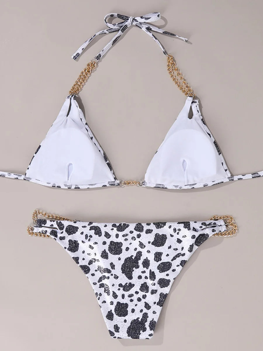Sexy Cow Print Halter Metal Chains Brazilian Bikini Women Swimsuit Female Swimwear Two Pieces Bikini Set Bathing Suit Swim Lady