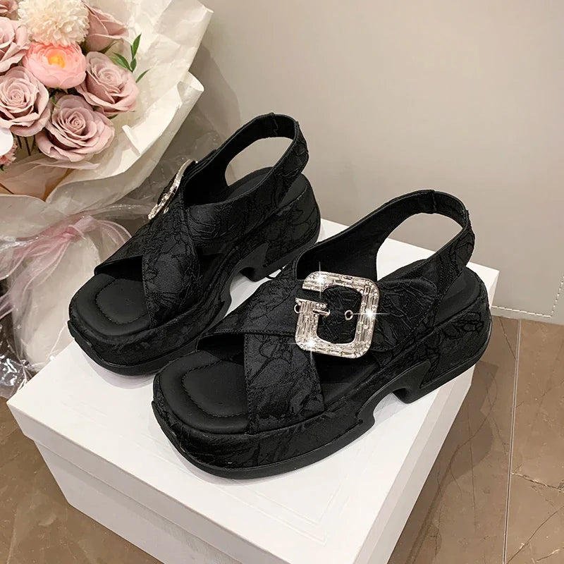 Fashion Crystal Buckle Platform Sandals Women Pink Embroidery Thick Heels Sandalias Mujer Comfortable Heightened Rome Sandals