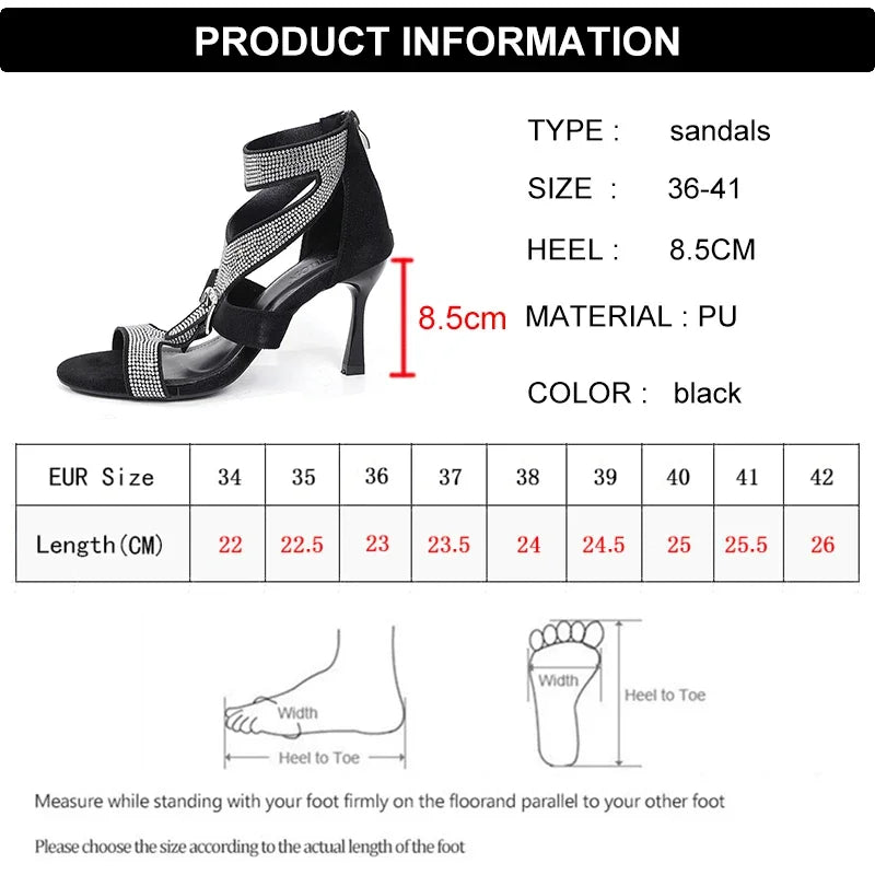 Shiny Crystal High Heels Sandals for Women 2025 Fashion Zipper Stiletto Heel Party Shoes Woman Summer Peep Toe Ankle Sandals
