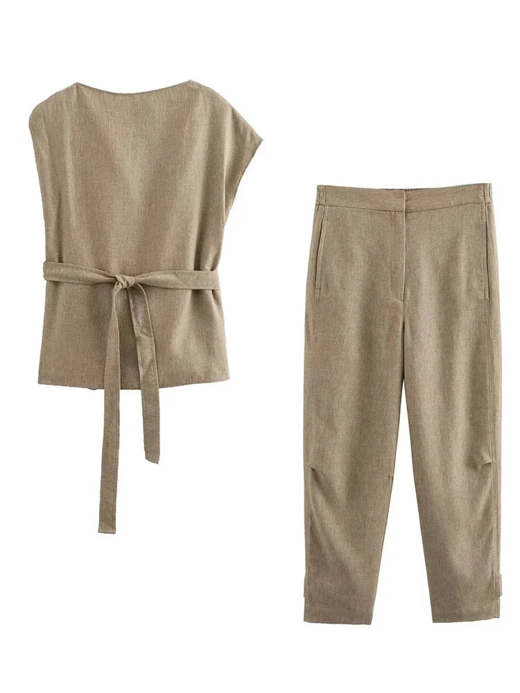 Foridol Irregular Sleeve Top+pants Set Women Summer Elegant Office Casual Matching Set Sash Buttons Decor Brown Suit Outfits