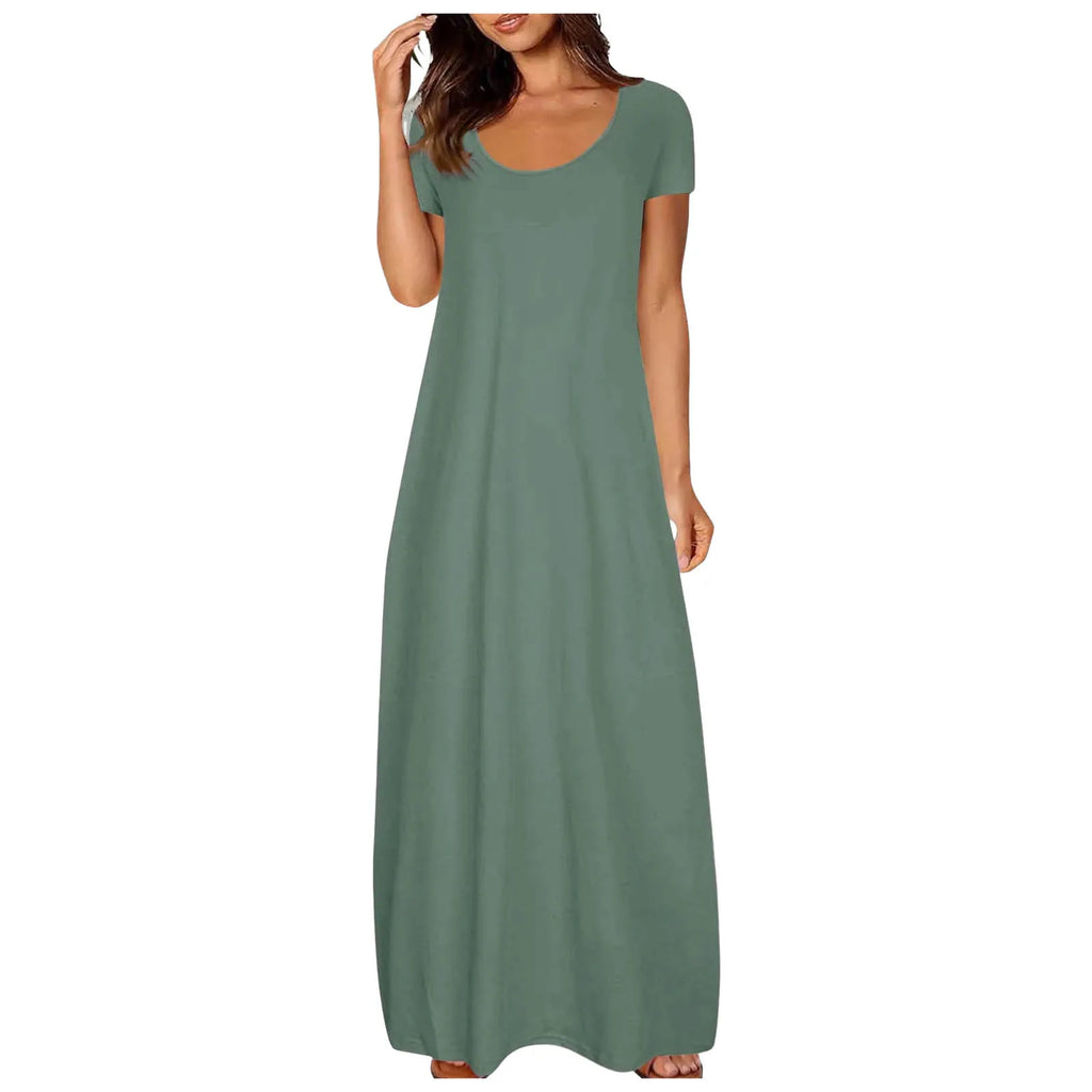 Casual Dresses For Teens Fashion Clothes Women Leisure Solid Color V Neck Short Sleeve Long Dress Casual Loose Sundress 2025