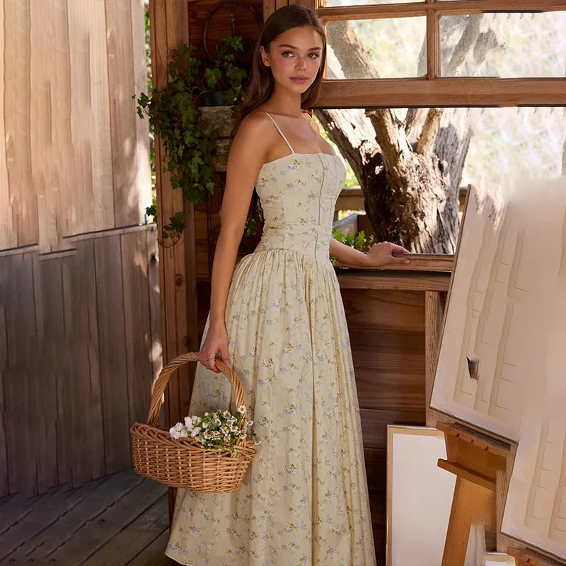 FDYOUI 2026 Summer Spaghetti Strap A-line Floral Vacation Dress for Women Elegant High Waist Tunics Long Party Evening Dresses