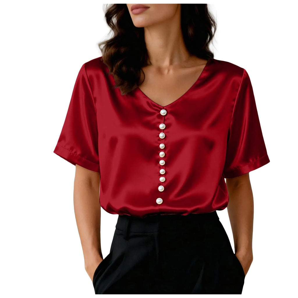 Women's Satin Short Sleeve T Shirt With Pearl Buttons Solid Color V Neck Loose Fit Elegant Office Lady Tees Summer Commuter Top